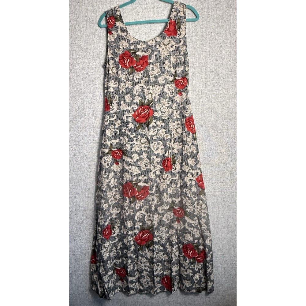 Vintage 90s/Y2K Floral‎ Maxi Dress Sleeveless Black Red Rose Whimsigoth Grunge M